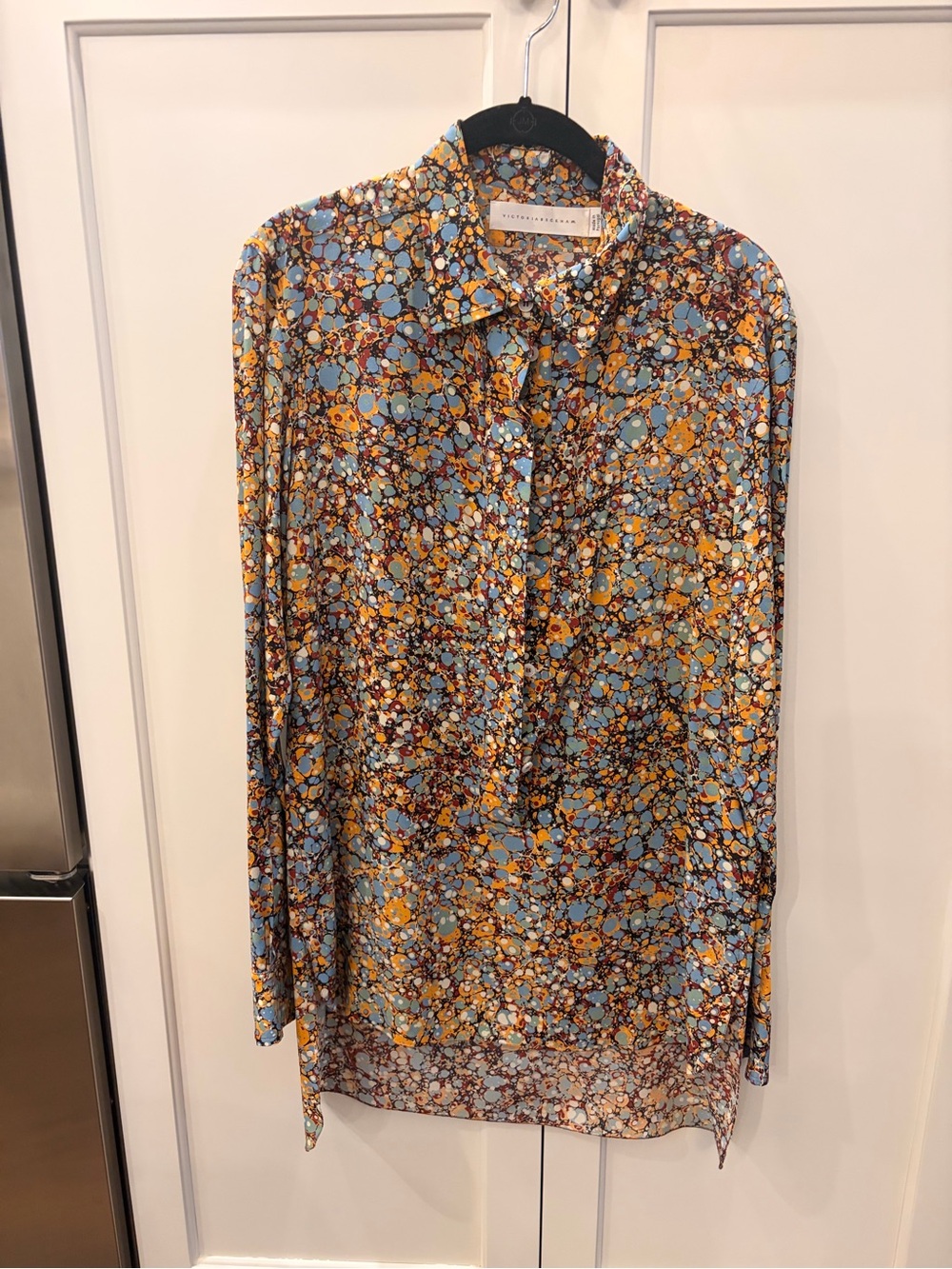 Victoria Beckham Blue and Mustard Marble-Print Tunic